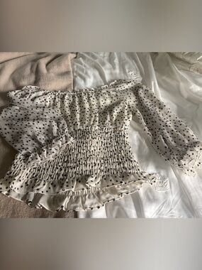 Anthropologie Cream Off-Shoulder Smocked Polka Dot Blouse